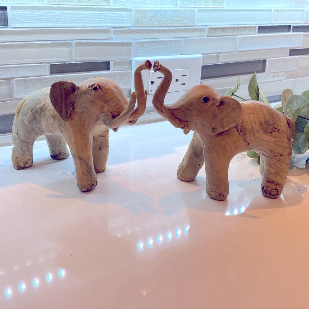 2 Handmade Crushed Oyster Shell Elephant Figures